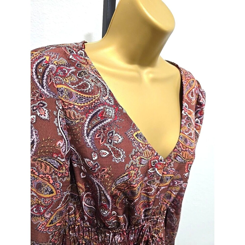 Y2K V Neck Dress Sz Medium Tiered Ruffled Brown Paisley Peasant Boho Party Date